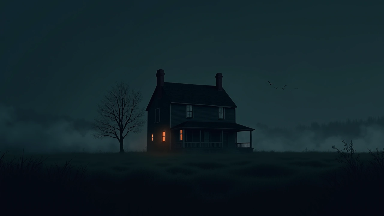 Illustration: an old two-story house on a quiet lawn at twilight, mist drifting across the grass.