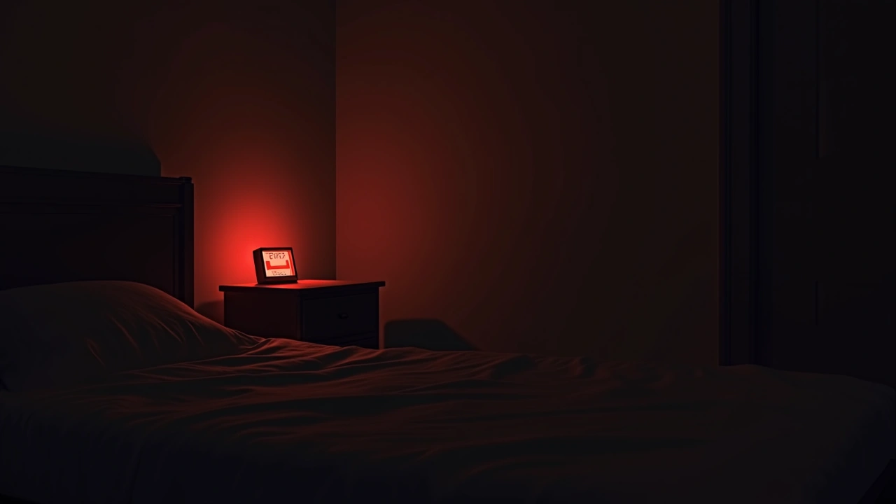 Illustration: A dark room at 2 a.m. lit by a red-glowing EMF meter on a nightstand, shadows creeping along the wall.