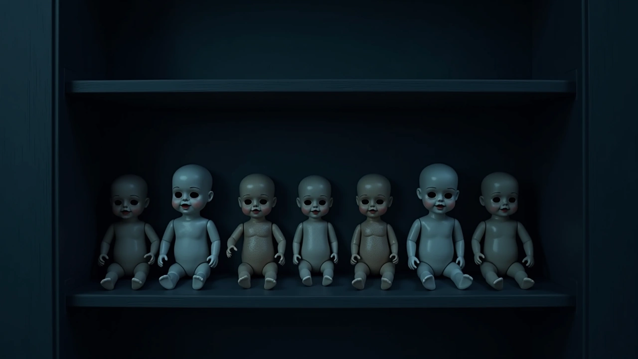 Illustration: a shelf of antique dolls lined up in a dim room.