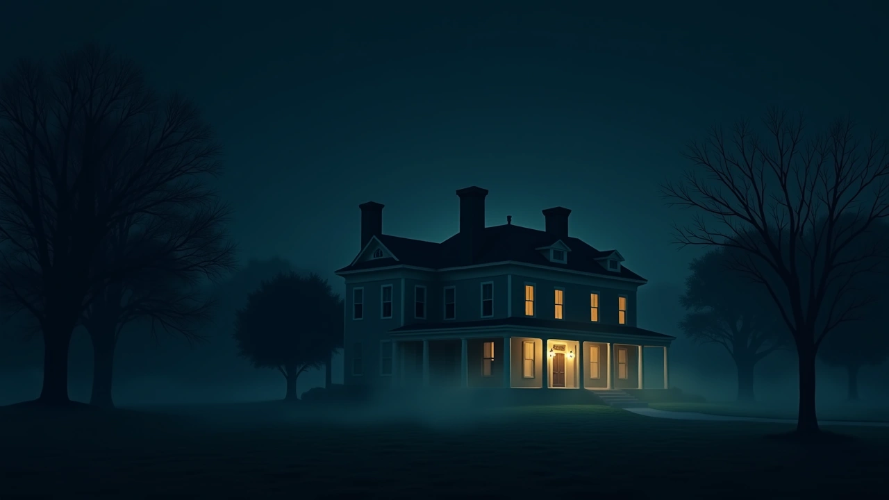 Illustration: a grand antebellum plantation house glowing faintly at night, mist drifting across the lawn.