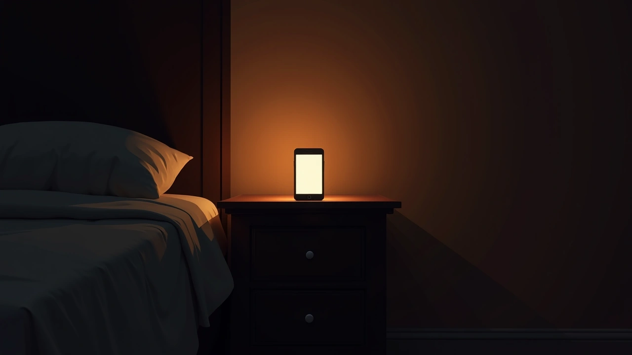Illustration: a phone glowing quietly on a nightstand in a dark bedroom.