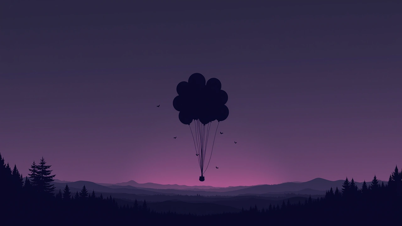 Illustration: a cluster of balloons rising into an open evening sky.
