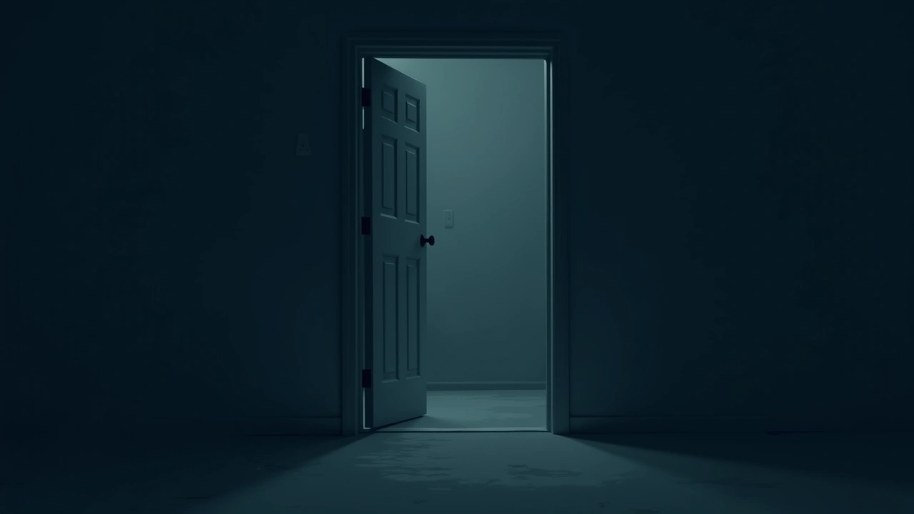 Illustration: A closed door at the end of a dim hallway at night.