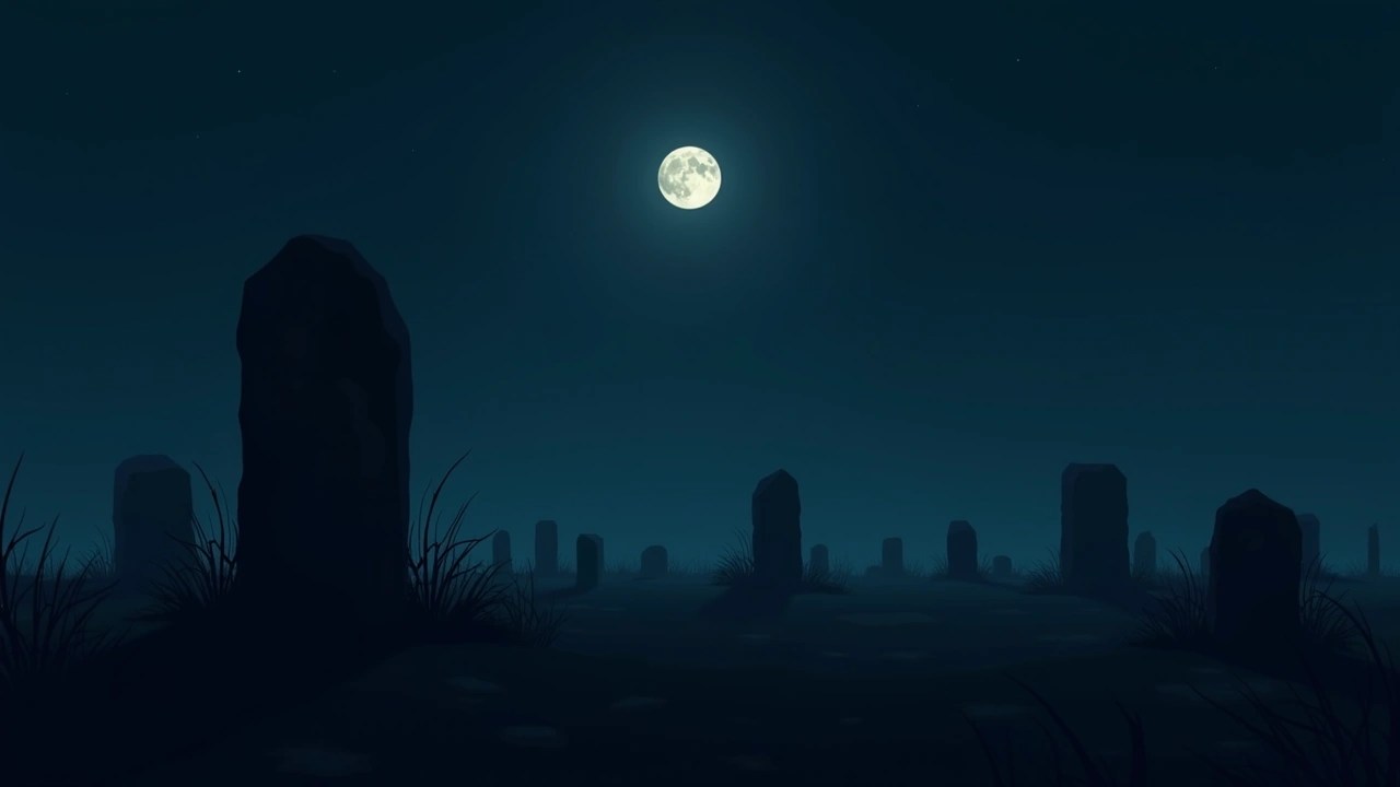 Illustration: a moonlit battlefield with old stone monuments and silence.
