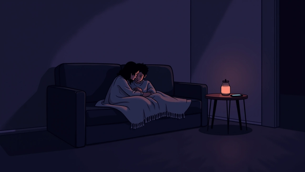 Illustration: friends huddled under a blanket on a couch in a dim living room, a phone glowing faintly on the coffee table.