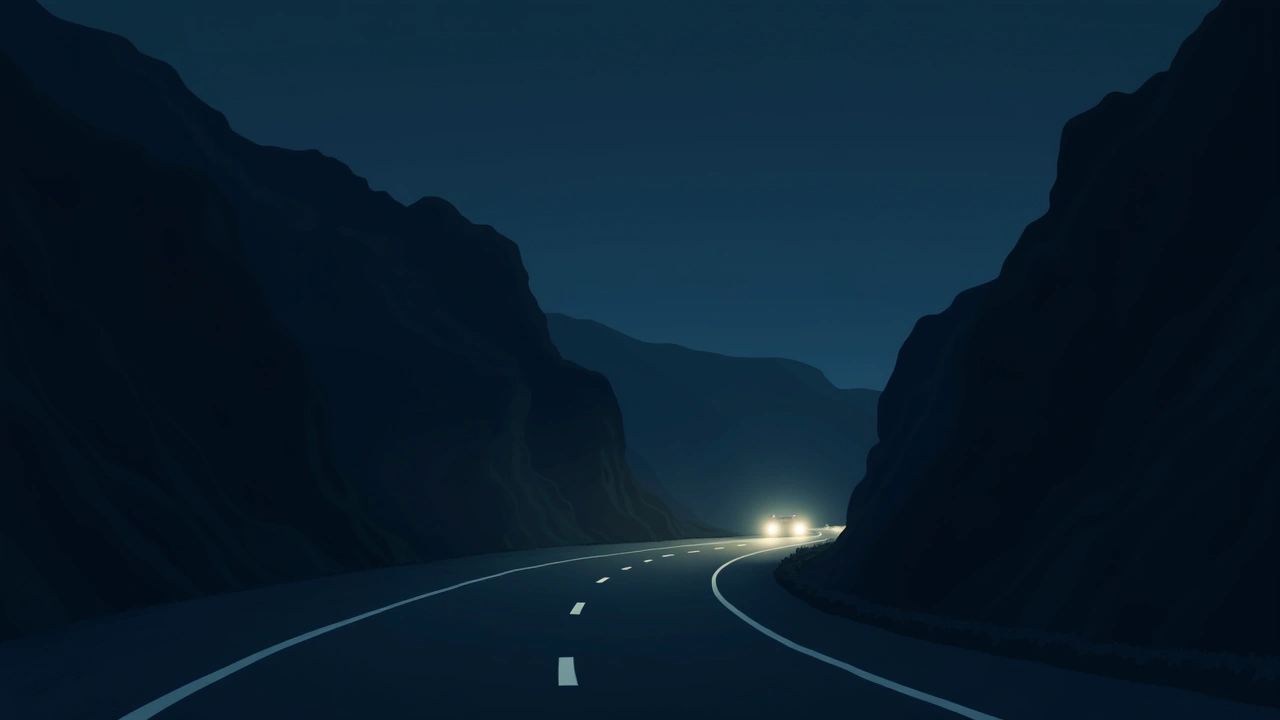 Illustration: a winding canyon road at night, sharp curves lit by headlights.