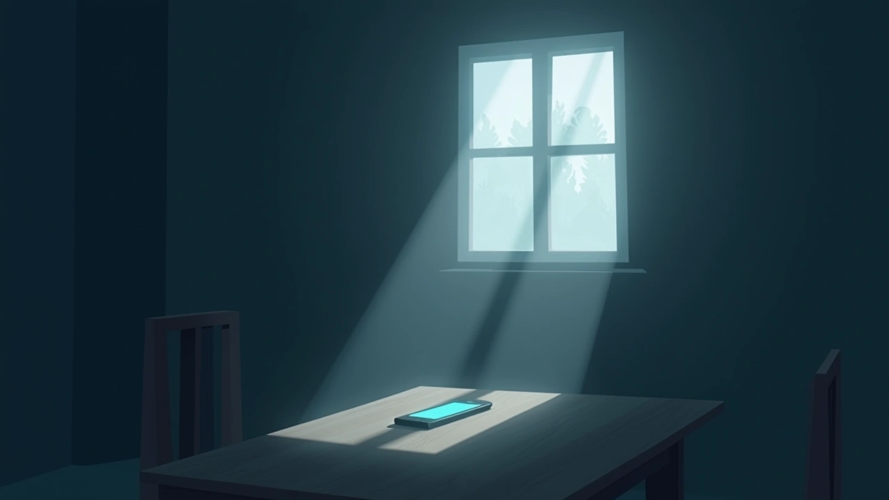 Illustration: a sunlit, empty room in daytime with a phone screen glowing on a table.