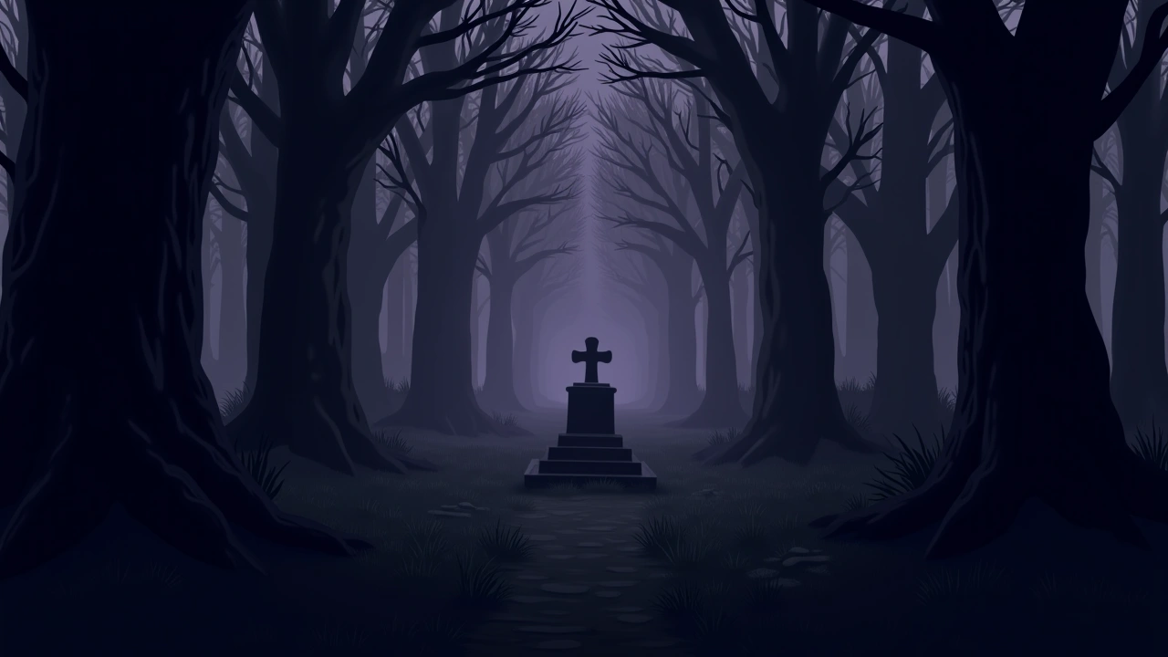 Illustration: a hidden, overgrown cemetery in dark woods behind an old Southern plantation at dusk.