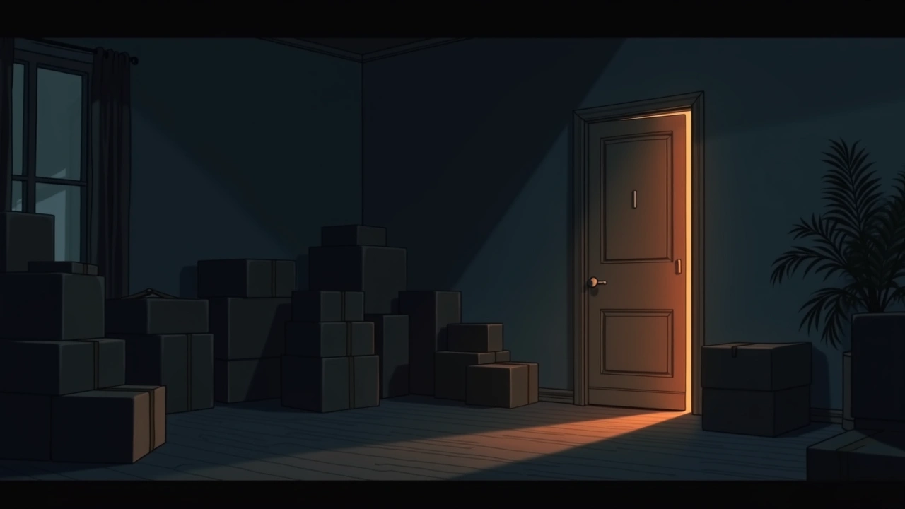 Illustration: A cluttered moving-day living room at dusk, cardboard boxes stacked near a doorway.