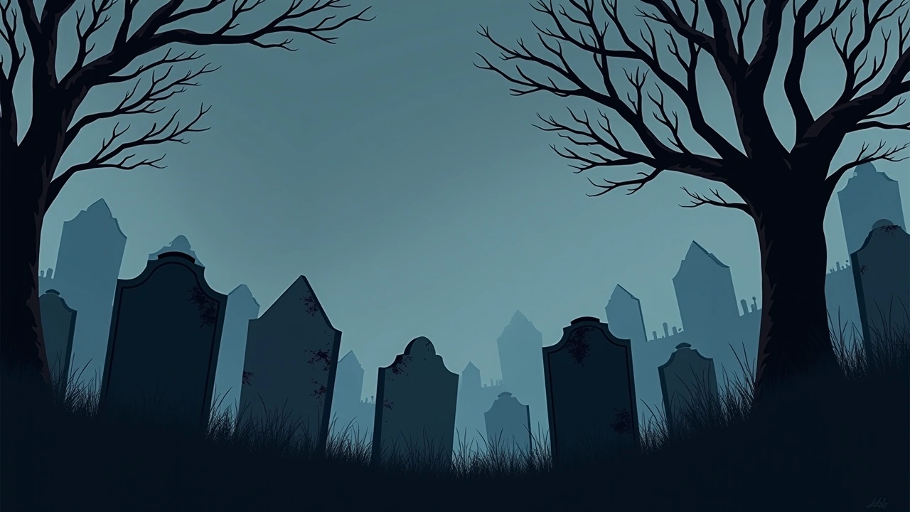 Illustration: an old cemetery at dusk, weathered headstones under bare trees.