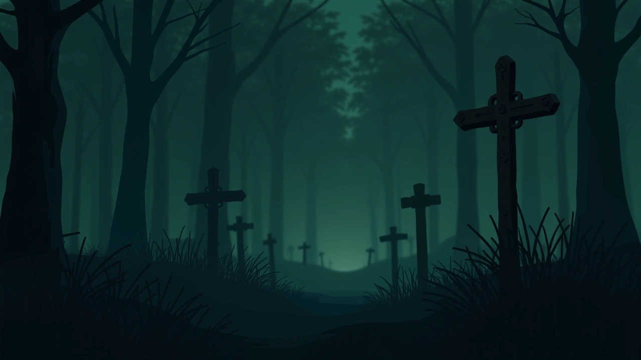Illustration: An old cemetery at dusk with weathered metal crosses marking rows of graves.