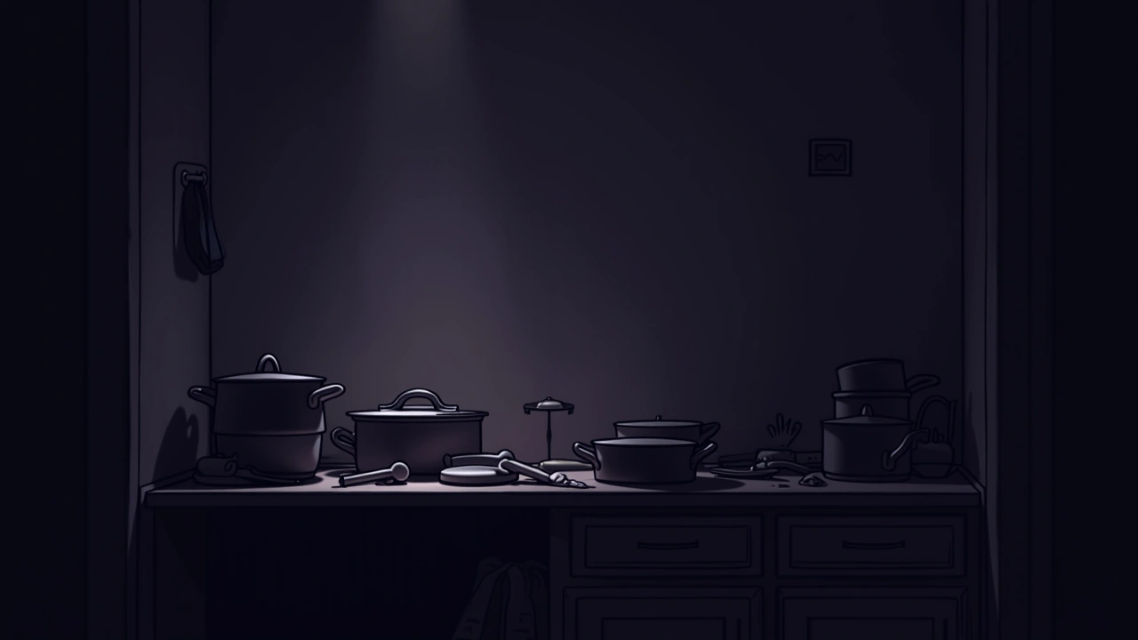 Illustration: A cozy, cluttered kitchen at night, pots and pans left out on the counter.