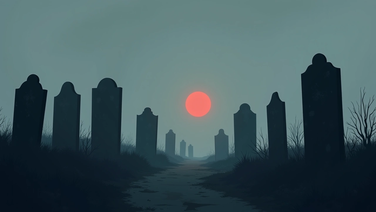 Illustration: A cemetery with weathered headstones under a reddish glow at dusk.