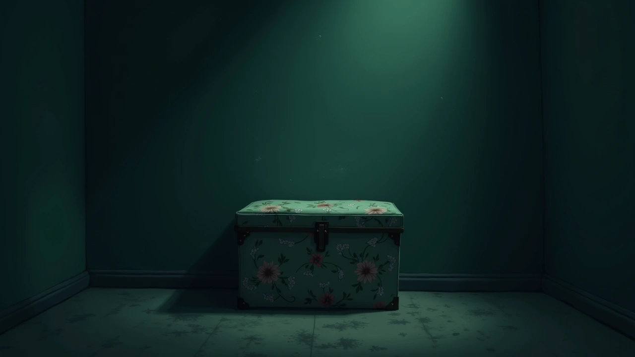 Illustration: a floral fabric storage chest sitting quietly in a softly lit room.