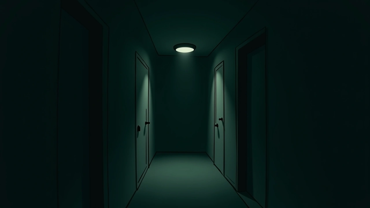 Illustration: a dim hallway at night leading to a bathroom door left slightly ajar.