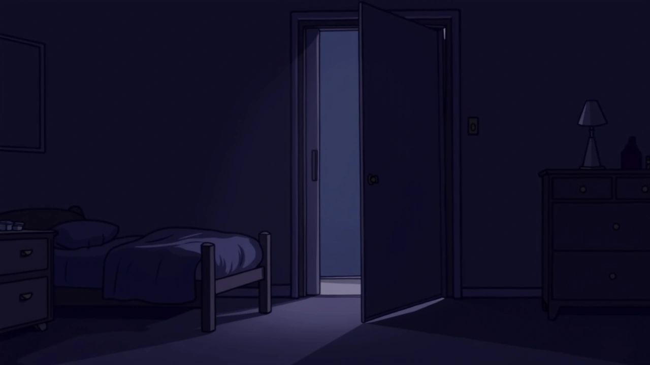 Illustration: a dim bedroom at night, a closet door slightly ajar.