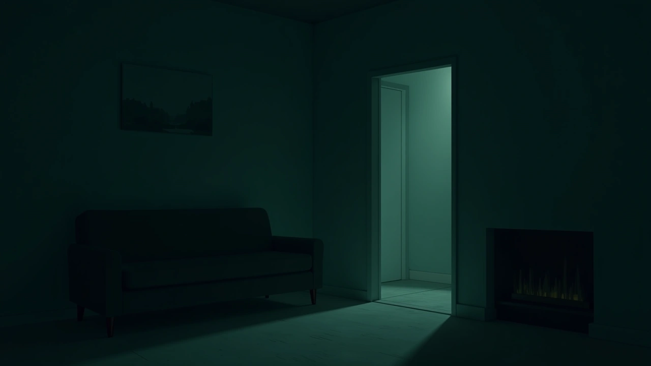 Illustration: a quiet living room at night with no open windows, faint cold air near a couch.