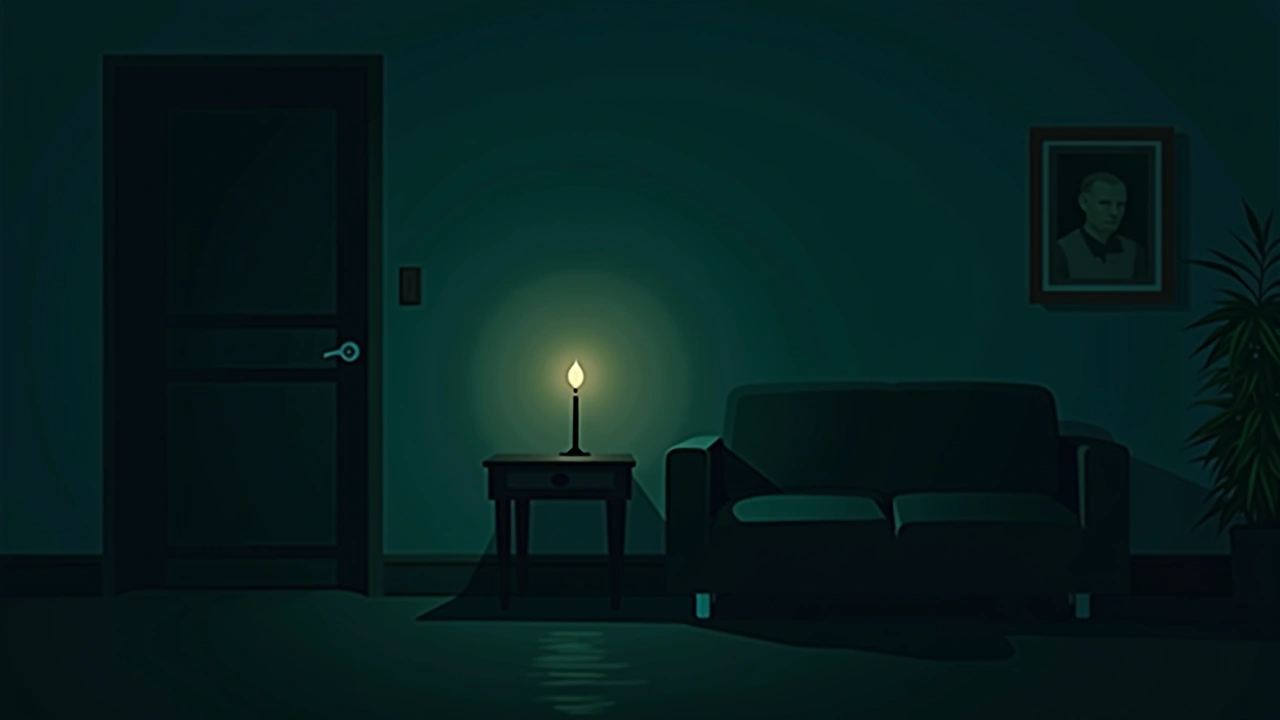Illustration: A quiet living room at dusk, a single lit candle beside an old photograph on a side table.