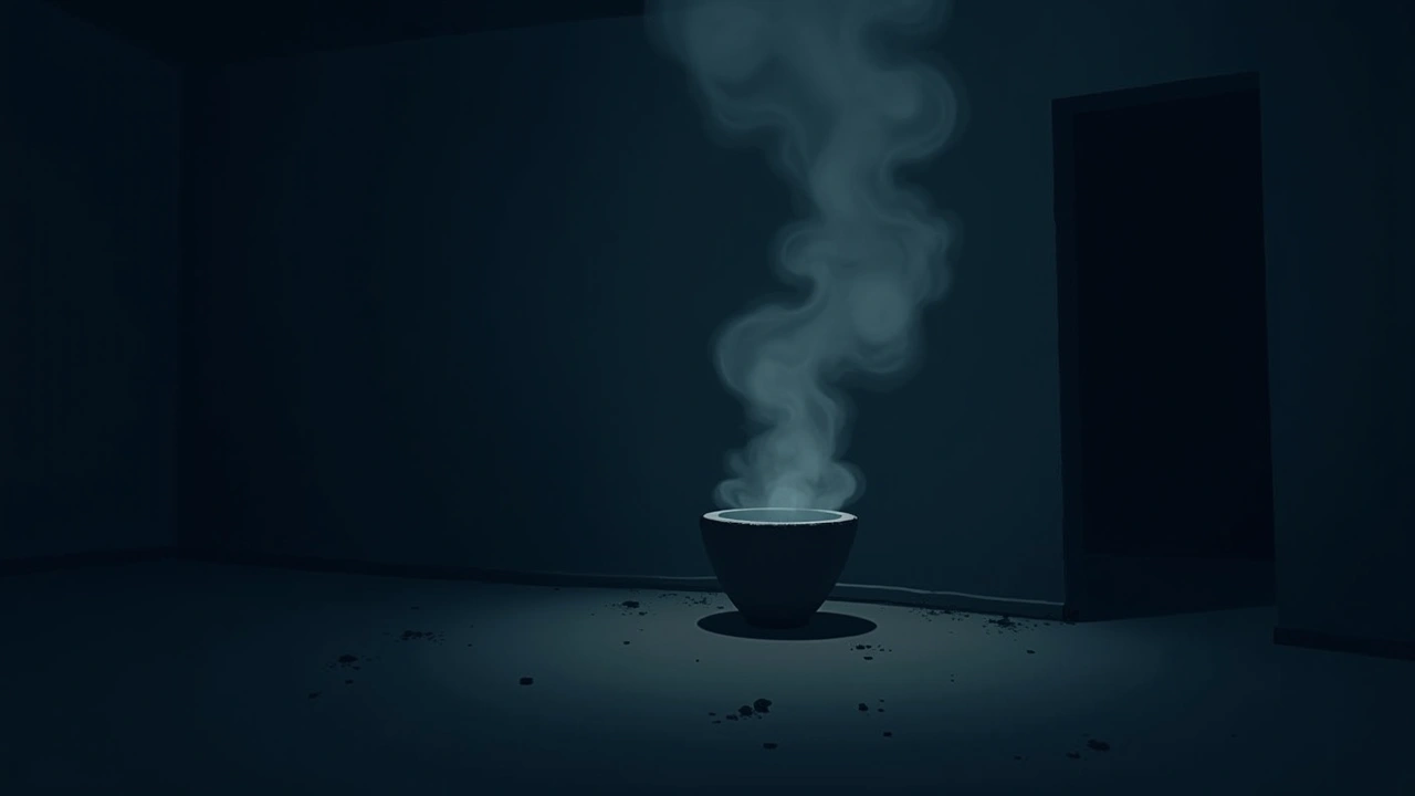 Illustration: steam curling in a dim, empty room.