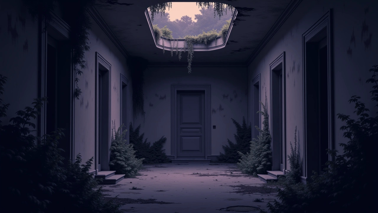 Illustration: a crumbling, overgrown abandoned villa interior at dusk.