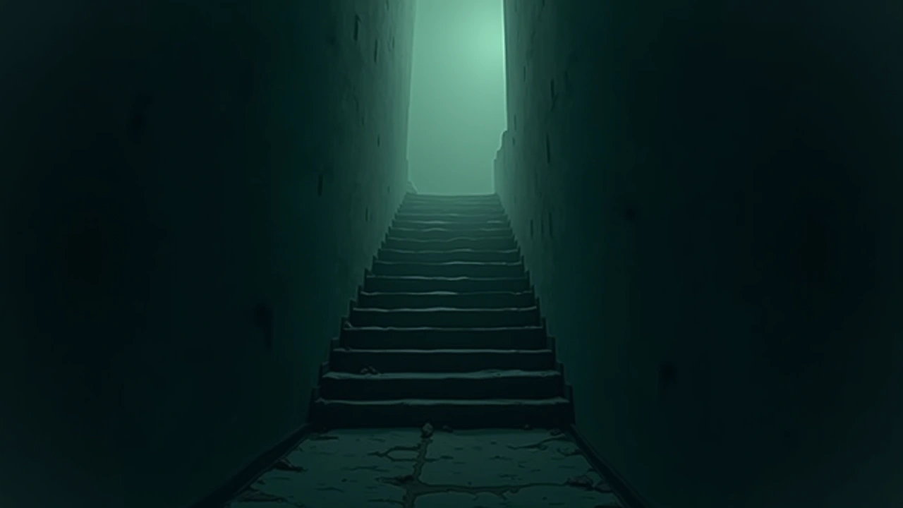 Illustration: a dim staircase leading upward in an old house.