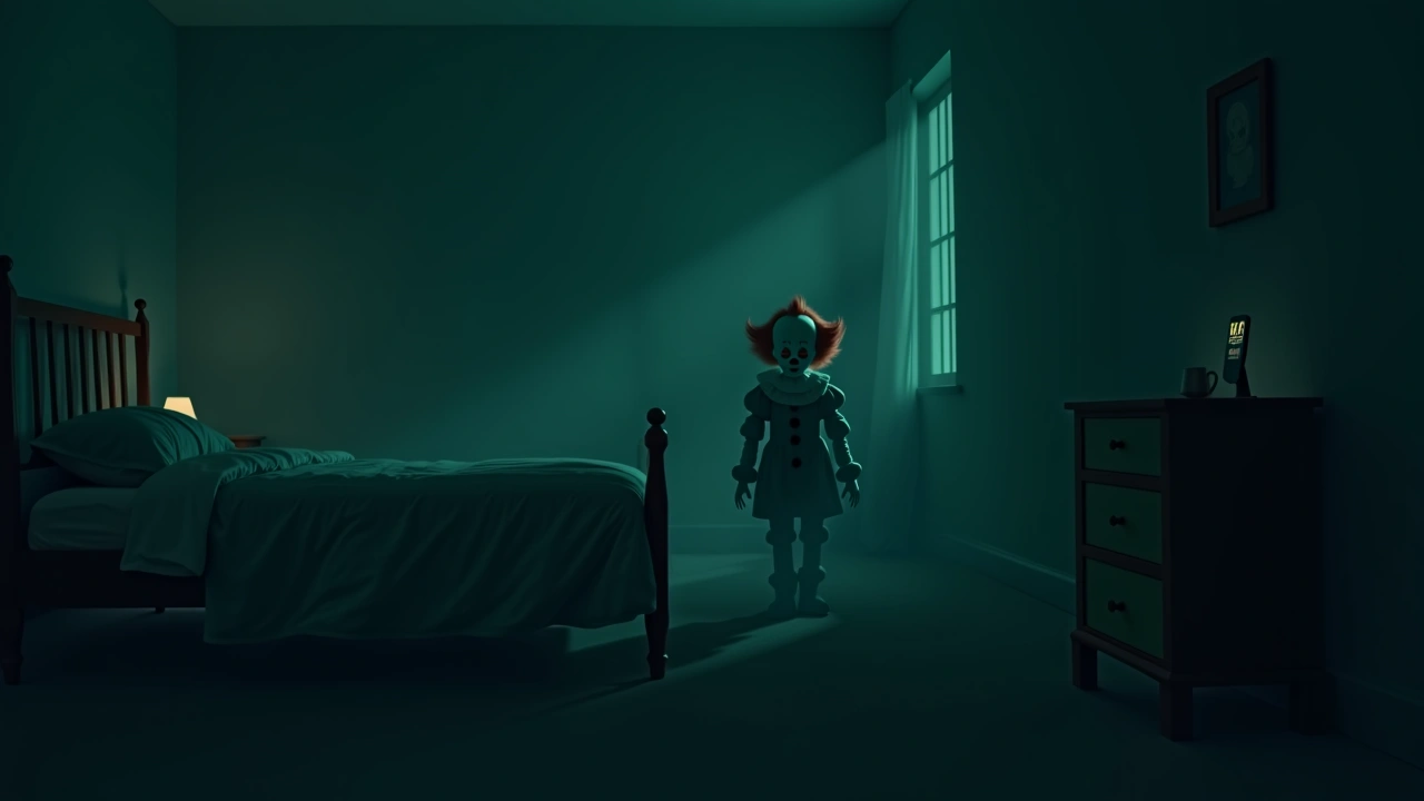Illustration: A dim bedroom at night with a vintage clown doll silhouette in the corner, EMF meter glowing on the nightstand.