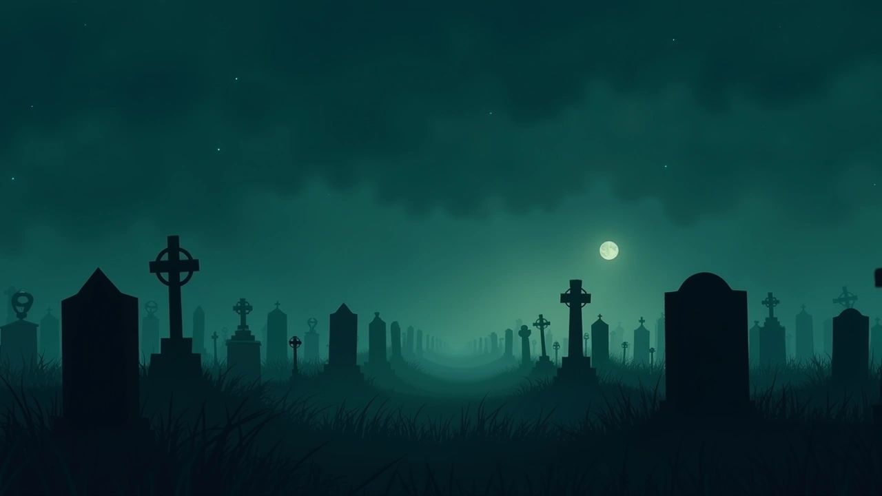 Illustration: an old, quiet graveyard in the Midwest at dusk under a darkening sky.