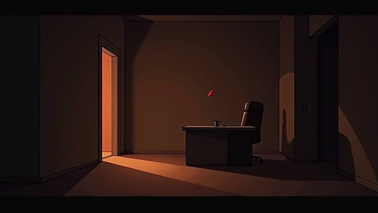 Illustration: a dim, empty office space at night with an unsettling shadow near a desk.