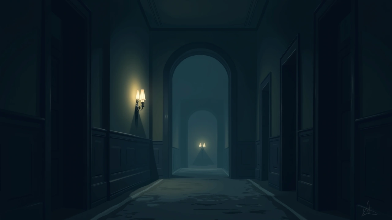 Illustration: A grand, dimly lit old hotel corridor at night with a single flickering wall sconce.