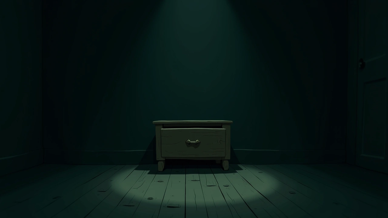 Illustration: an old wooden drawer half-open in a dim room.