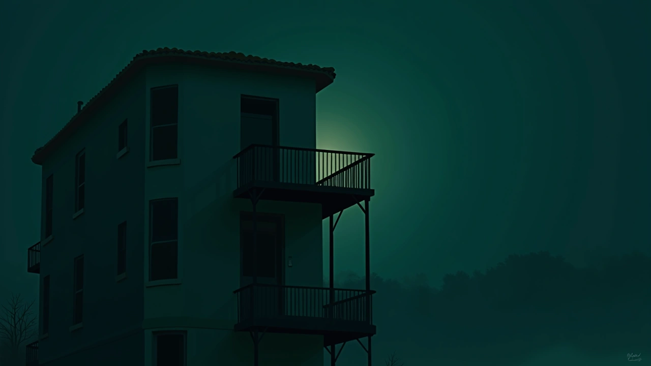 Illustration: an old building's dim upstairs balcony in Los Angeles at dusk.