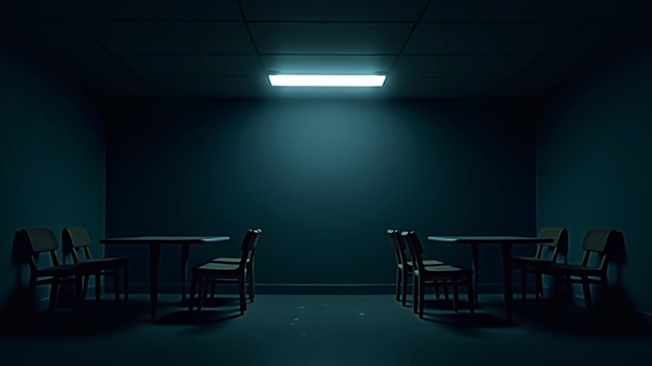 Illustration: a bare common room in a halfway house at night, empty chairs under a fluorescent light.