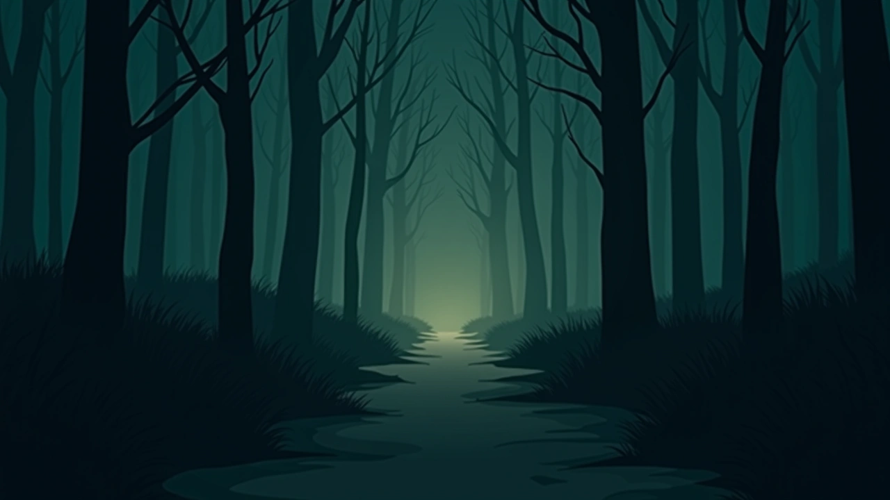 Illustration: a forest edge path at dusk.
