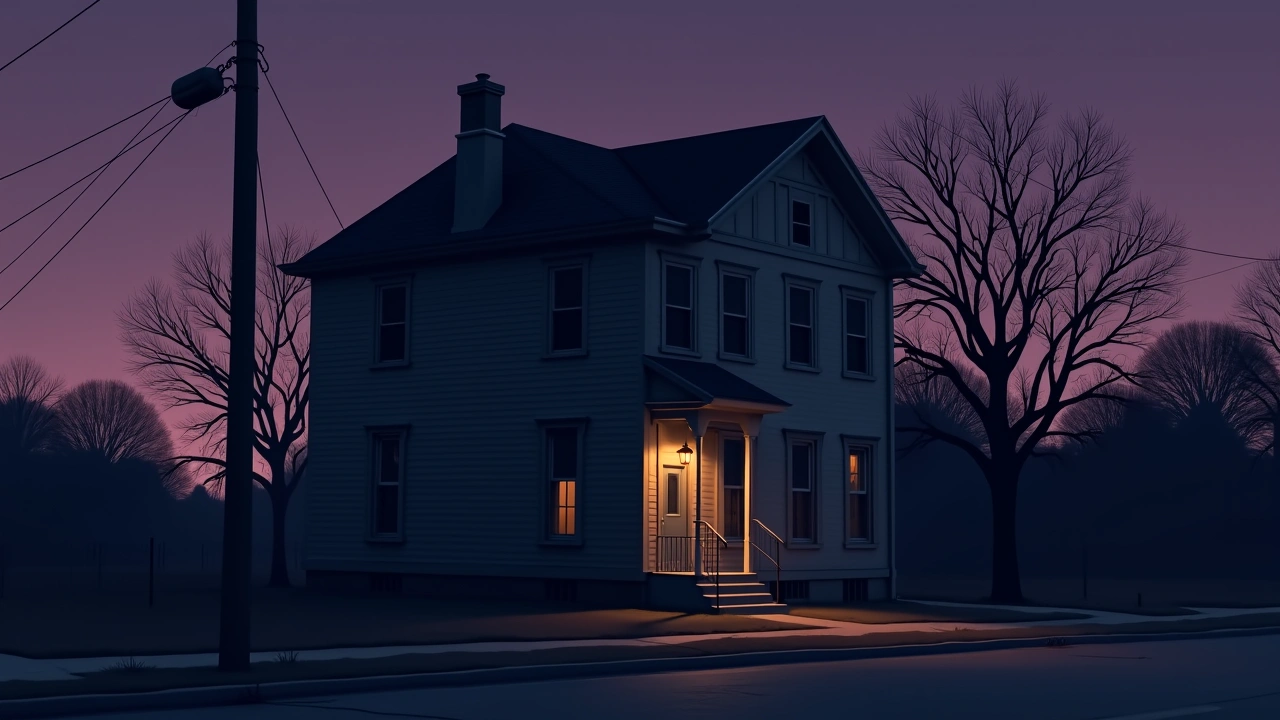 Illustration: a weathered historic house in downtown Monroe, Louisiana at dusk.