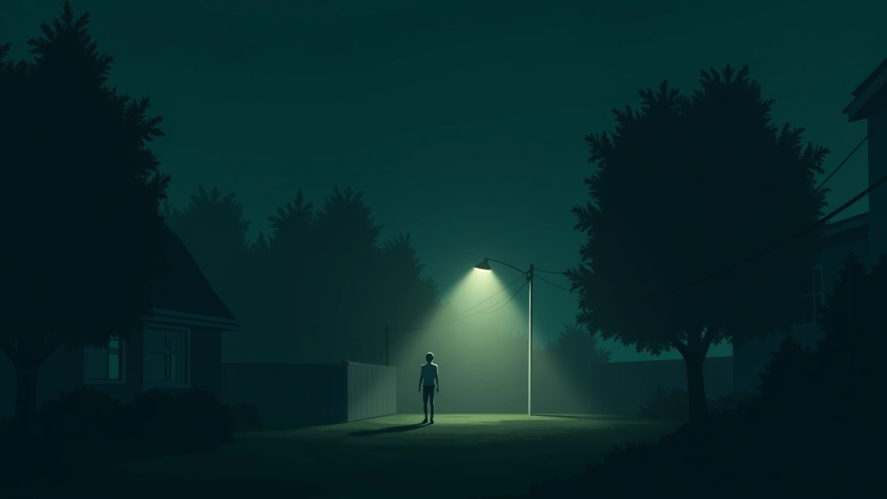 Illustration: a backyard at night lit by the glow of a phone's radar screen.