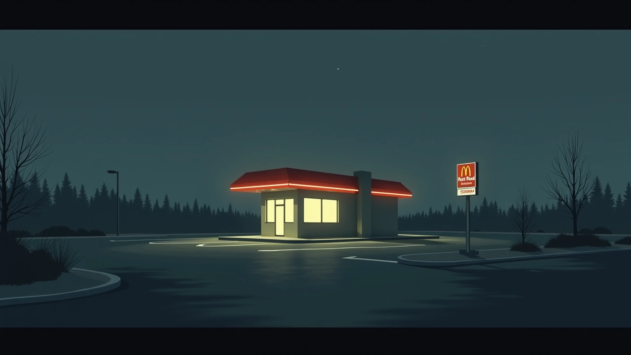 Illustration: a fast-food drive-through lane glowing with light against the dark of night.