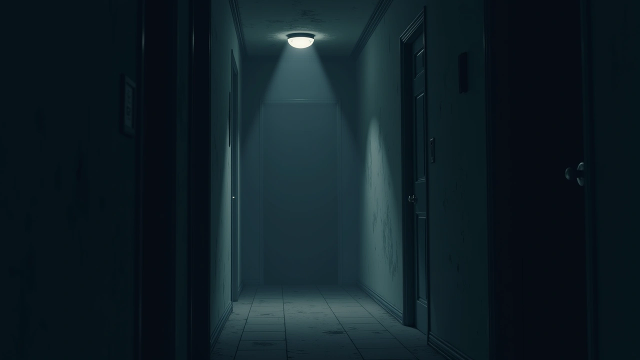 Illustration: an old house's dim hallway at night, over a century old.