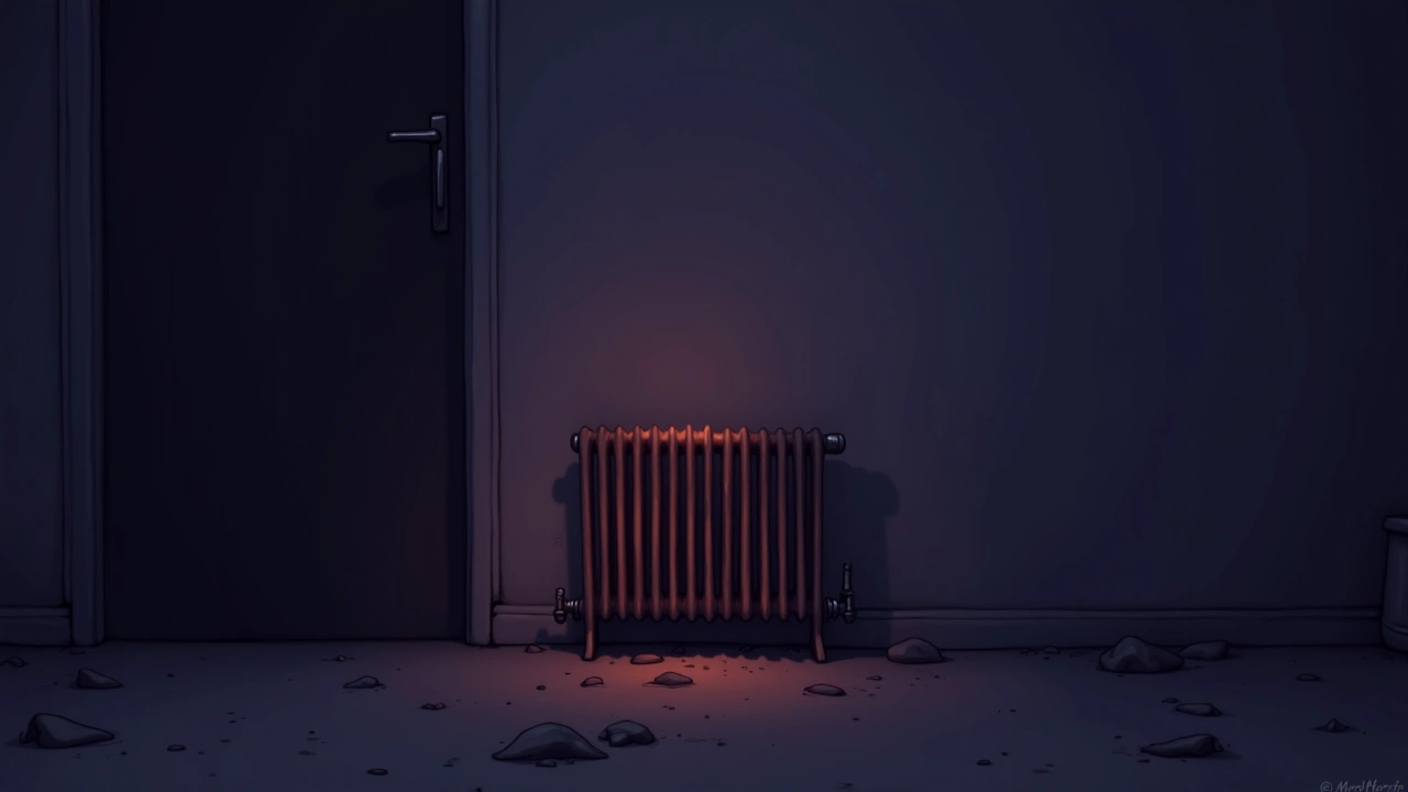 Illustration: an old radiator glowing warm in an otherwise dark, empty room.