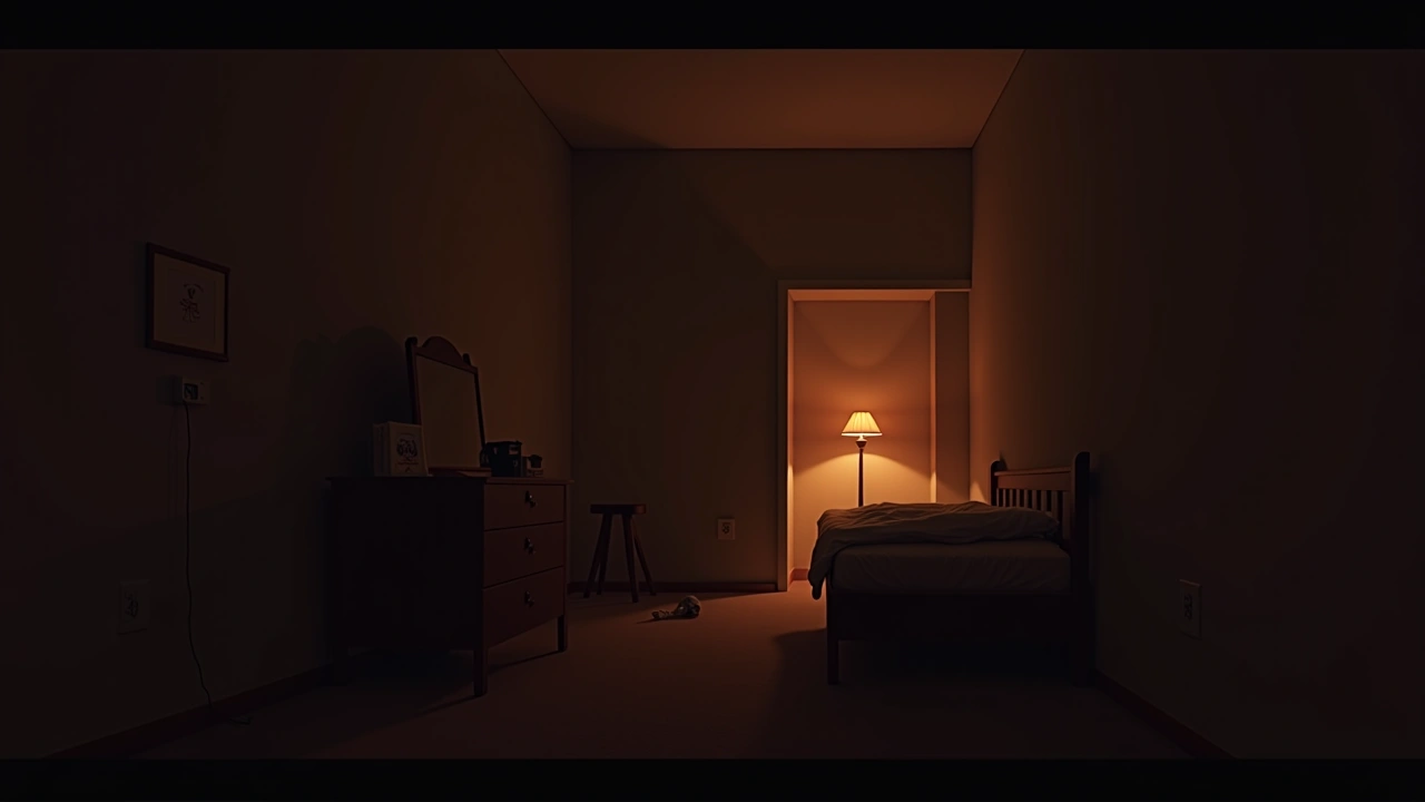 Illustration: a dark bedroom lit only by a camcorder's night-vision glow.