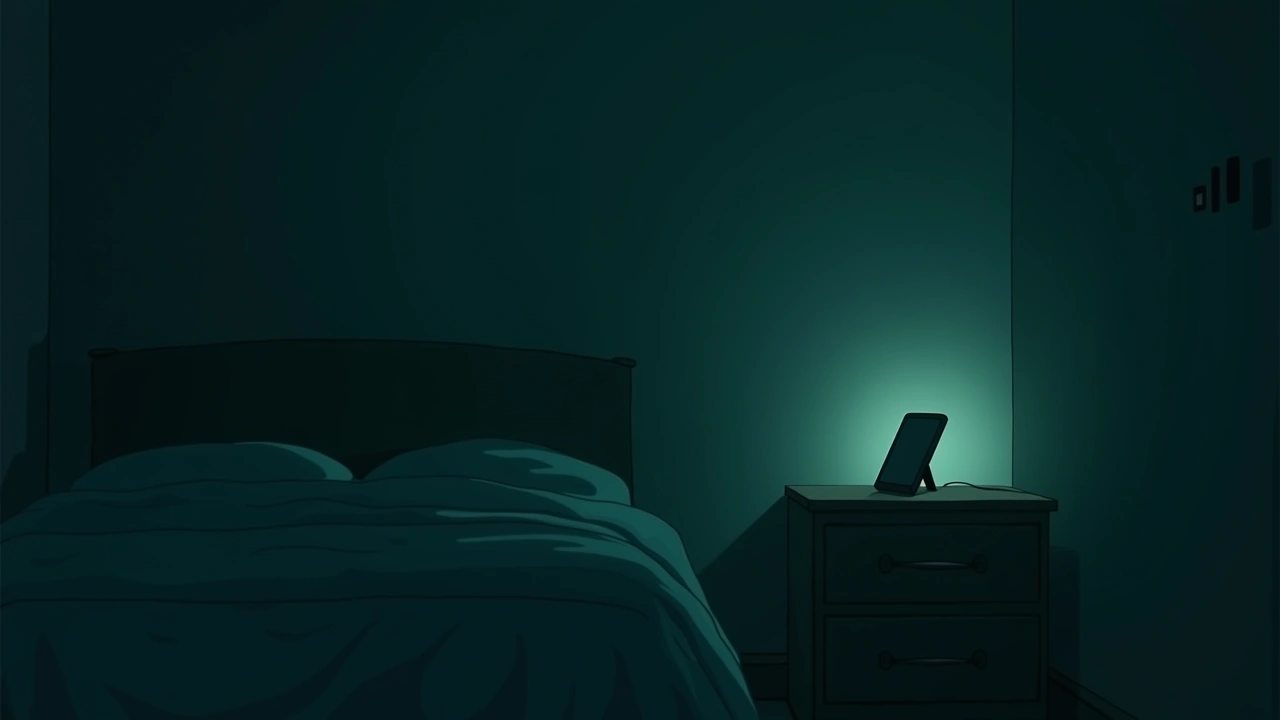 Illustration: a dim bedroom at night, a phone glowing on the nightstand.