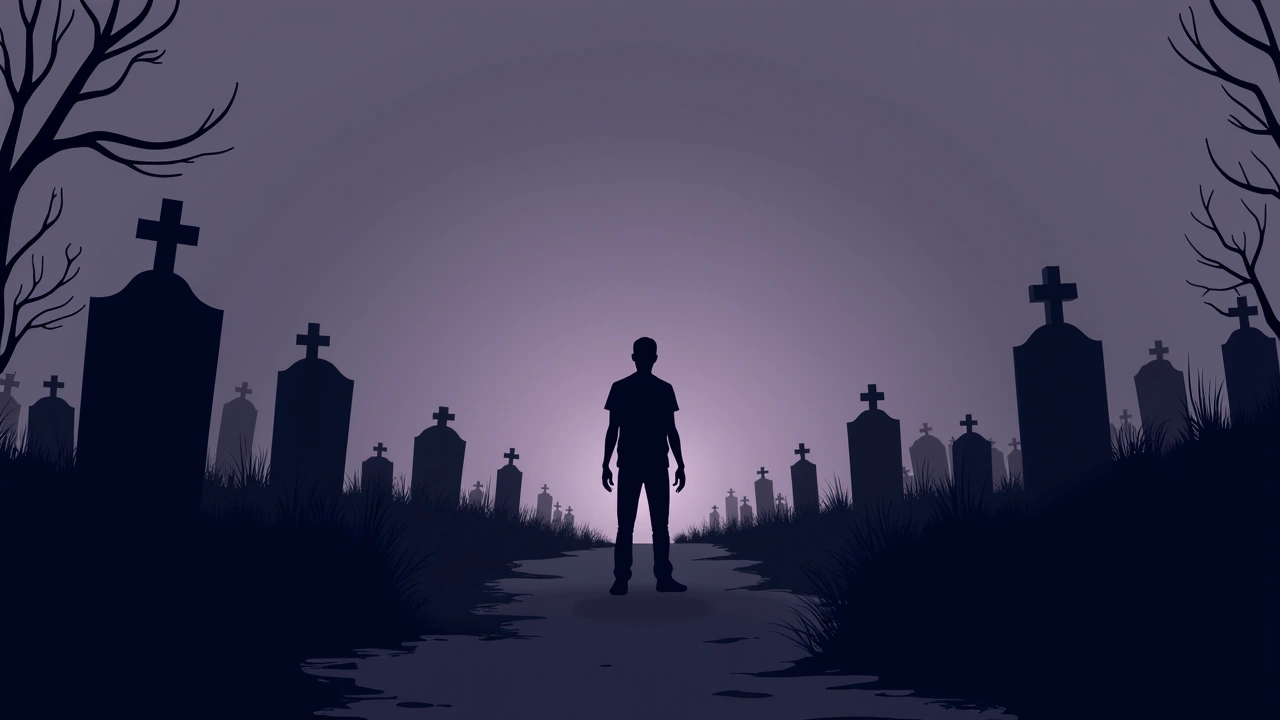 Illustration: a quiet graveyard at dusk seen just behind where someone is standing on a path.