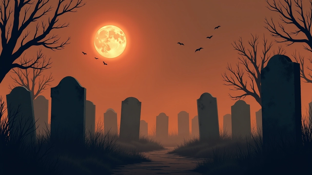 Illustration: an old, moonlit cemetery with weathered headstones and drifting mist.