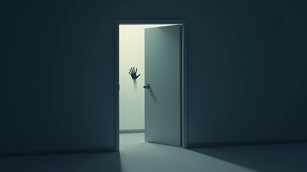 Illustration: A handprint on the wall inside a dim, empty closet, faint light flickering.