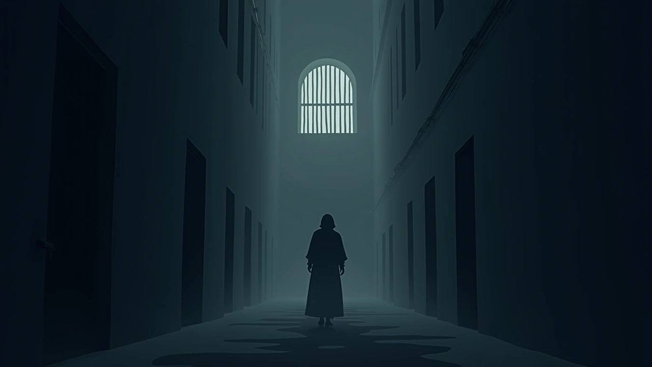 Illustration: a dark old jail cellblock corridor with a faint cold mist in the air.