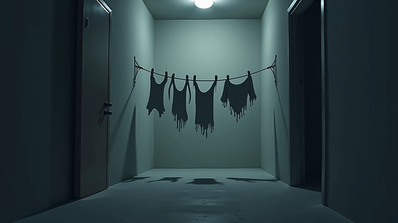 Illustration: a small dim drying room with laundry hanging on lines.