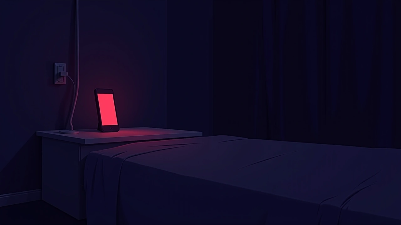 Illustration: a phone glowing with red warning lights on a nightstand in a dim bedroom.
