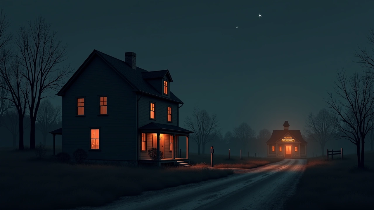 Illustration: an old 1816 farmhouse at dusk, a somber funeral home visible across the street.