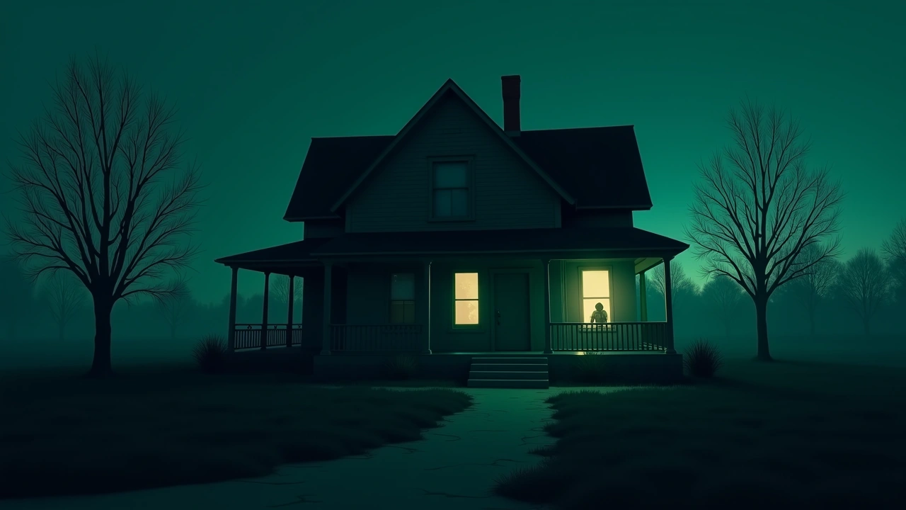 Illustration: An old house at dusk with investigation equipment set up near the front porch.