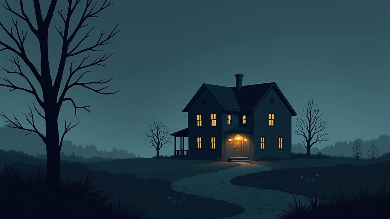 Illustration: an old house resembling a small hotel, said to sit on a burial ground, lit at dusk.