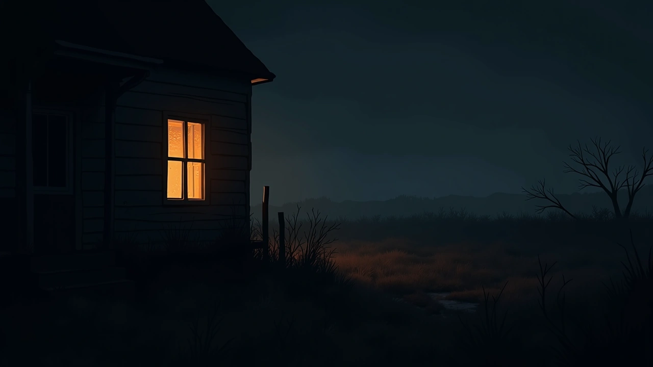 Illustration: An old farmhouse window at dusk overlooking a quiet overgrown field, faint warm light from within.